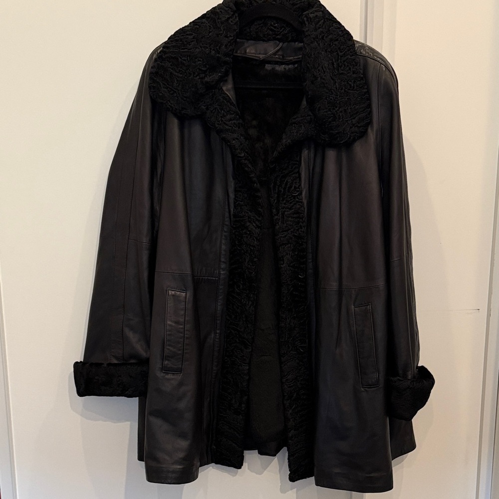 Black Shearling Trim Leather Coat